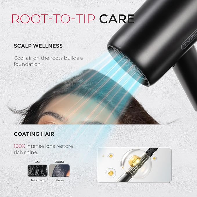 TYMO Diffuser Hair Dryer Blow Dryer - 300 Million Ionic Hairdryer with Diffuser & Comb Attachment for Curly Hair, Professional Blowdryer for Women, Cool Air Button, Small Travel Lightweight, Black