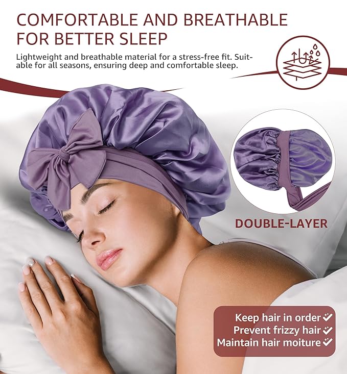 HiRui Silk Satin Bonnet for Sleeping Women, Double-Layer Sleep Cap Shower Cap with Adjustable Tie, Moisture Retaining Satin Lined Hair Bonnet for Curly and Natural Hair (Lavender, Medium)