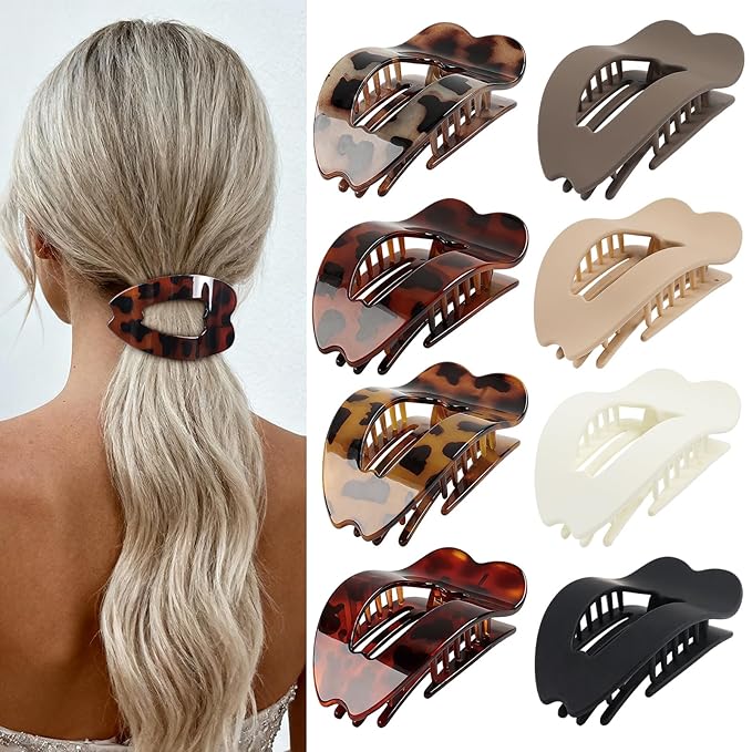Flat Hair Clips for Women - Stylish French Lay Down Flat Claw Clips for Thick Thin Hair, Comfortable Curved Large Flat Clips, Leopard Print Non-Slip Strong Hold Hair Accessories, Tortoise Pack of 8