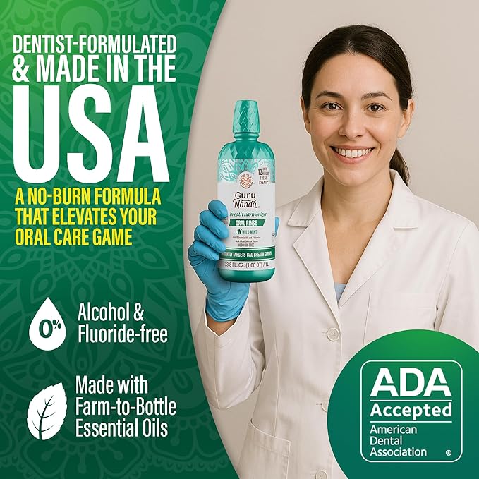 GuruNanda Fresh Breath Mouthwash, ADA-Accepted, Alcohol & Fluoride-Free, Sodium Chlorite, Essential Oils & Vitamins, 12-Hrs Fresh Breath, Wild Mint, 33.8 oz