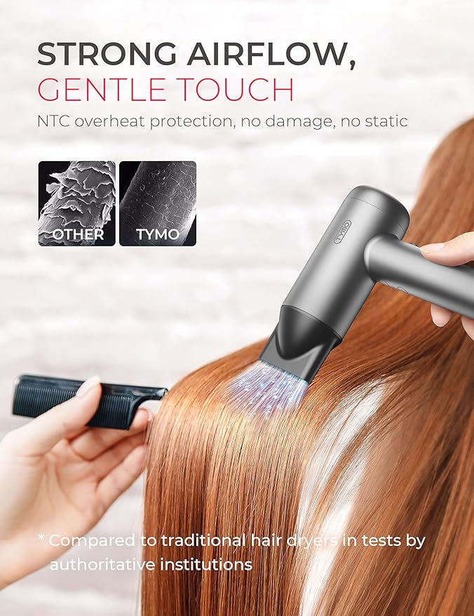 TYMO Ionic Hair Dryer for Women, Professional Blow Dryer with 110000 RPM Brushless Motor for Fast Drying, Travel Lightweight AIRHYPE Lite Hairdryer, Low Noise, 4 Temps & 3 Speeds for Man, Silver