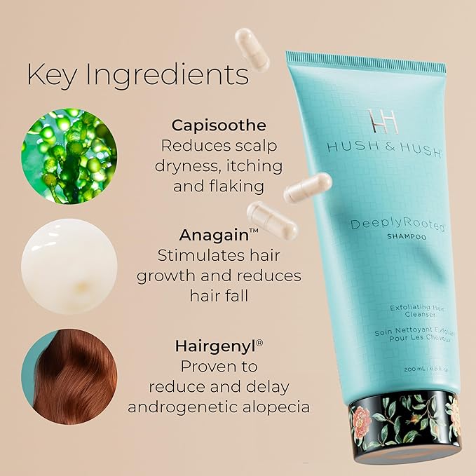 Hush & Hush DeeplyRooted Shampoo - Luxurious Sulfate Free Exfoliating Shampoo - Strengthens Thin, Brittle, & Aging Hair - 200 ML/6.8 Fl Oz
