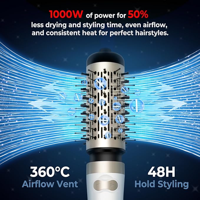 Hair Dryer Brush, 3-in-1 Rotating Round Hot Air Spin Brush Set with 2 Brushes (2" & 1.5"), Negative Ionic Blow Volumizer, 2 Detachable Auto-Rotating Curling Brush, Blow Dryer Brush,Dry as You Style