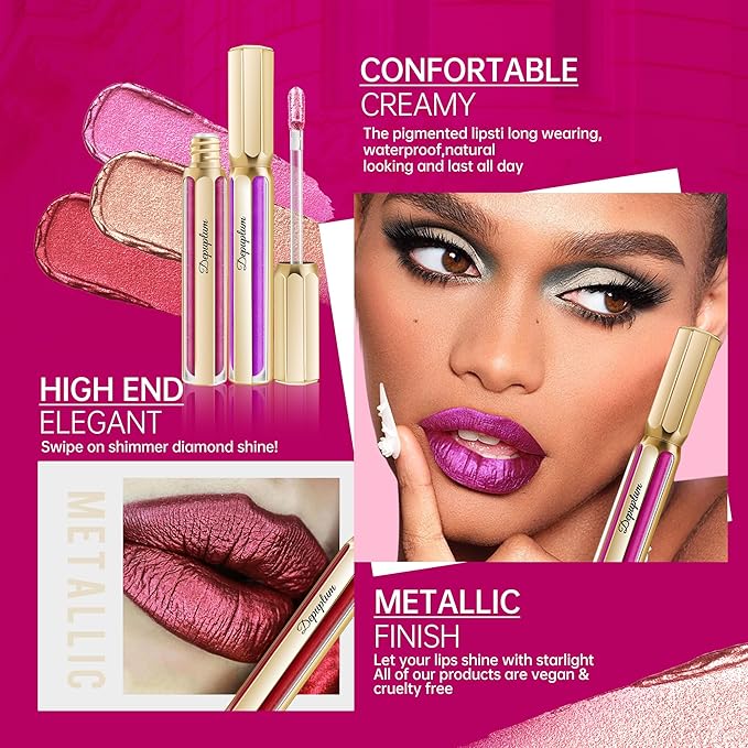 Gold Lipsticks for Women Metallic Lipstick Long Lasting Non Stick Cup Lip Gloss, Shimmer Lightweight Hydrating Full Coverage Lip Color,DP111 Ponyo
