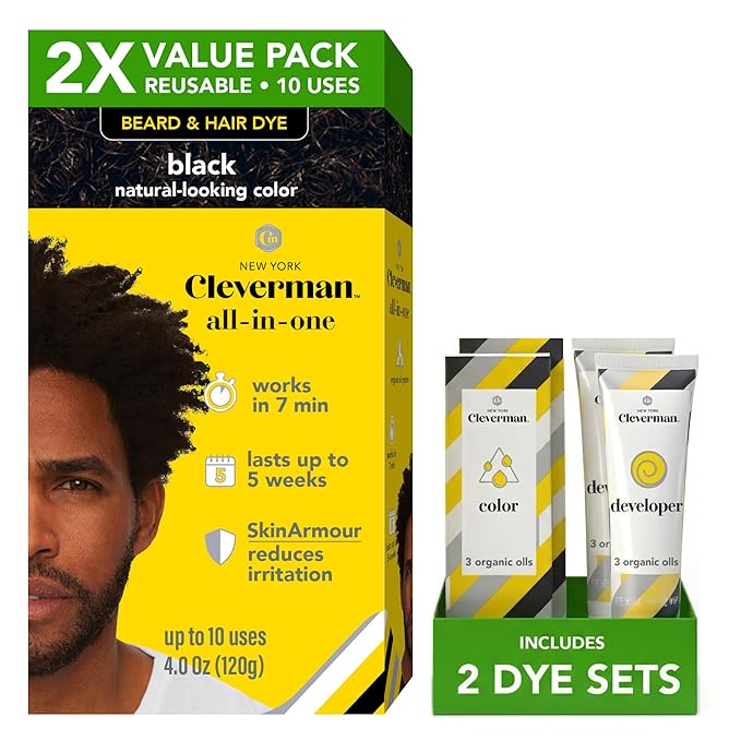 2X Pack Cleverman Hair & Beard Dye Kit for Men, All-in-One Reusable Mens Hair Color, Natural Gray Coverage, Ammonia-Free Beard Mustache Dye for Men (Black for Black Men)