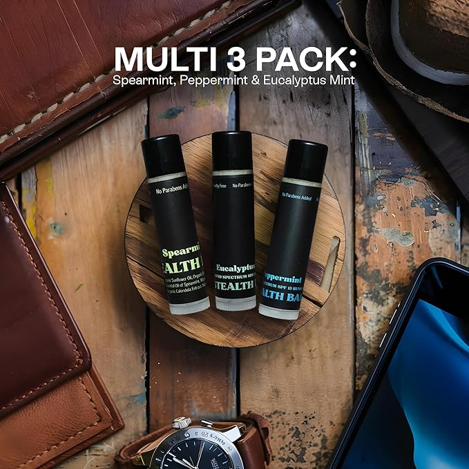 Men's Organic Mint Lip Balm - SPF 15 Sun Protection - Moisturizing Lip Balm - 3 Pack: Spearmint, Peppermint, Eucalyptus Mint - Gift for Men