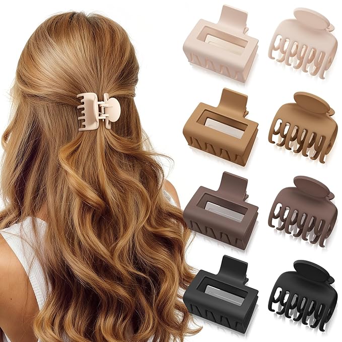 8 Pcs Medium Hair Clips for Women Girls - 2 Styles Rectangle and Double Row Teeth Small Claw Clips for Thin Fine Thick Hair, Matte Non-slip Strong Hold Jaw Clips Hair Accessories, Brown
