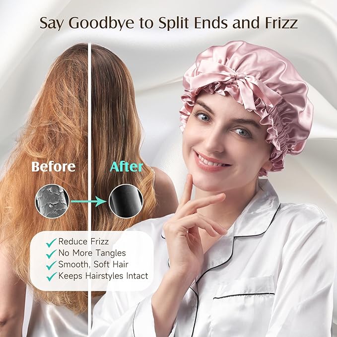 YFONG Double Layered 100% Mulberry Silk Bonnet for Sleeping Women, 22 Momme 6A Luxury Silk Sleep Cap with Elastic Band & Tie, Natural Night Wrap for Hair Care Short Long Curly Hair, Pink