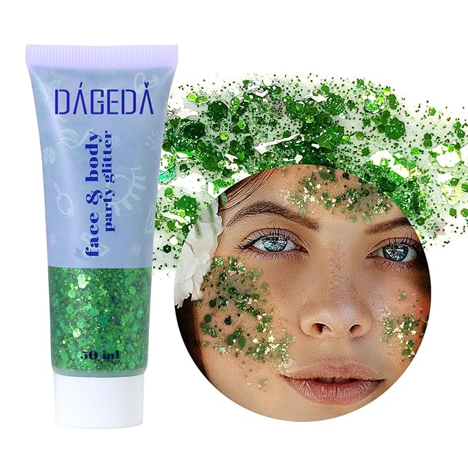 DAGEDA Green Body Glitter Gel, St Patricks Day Face Glitters Body Sequins Shimmer, Chunky Glitter for Face Hair Nails, Mardi Gras Decorations Festival Glitter Makeup 50ml