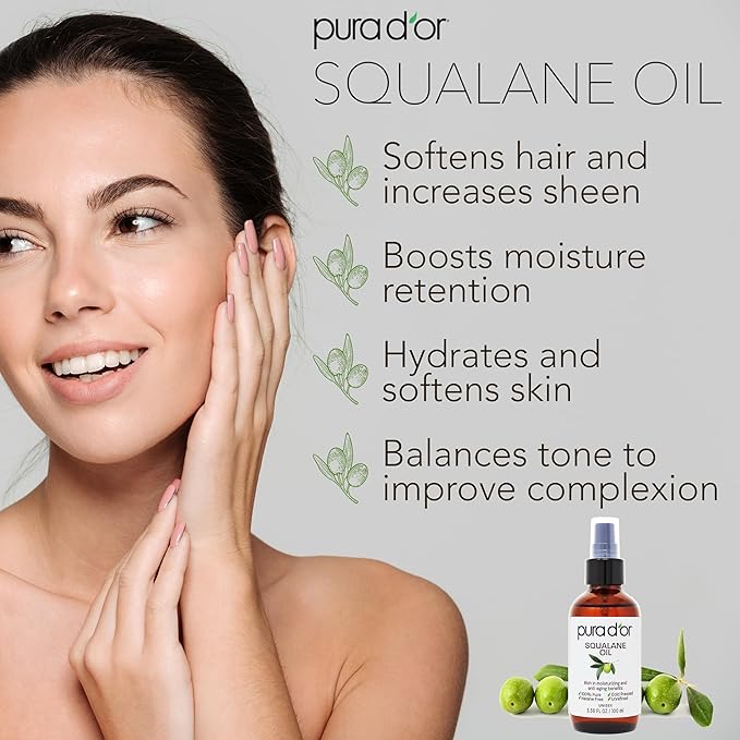 PURA D'OR 3.38 Oz Squalane Oil - Non-GMO 100% Pure & Natural - Moisturizer For Face, Hair And Body - Vegan, Cruelty-Free with Anti-Aging Benefits - Men & Women - Travel Size