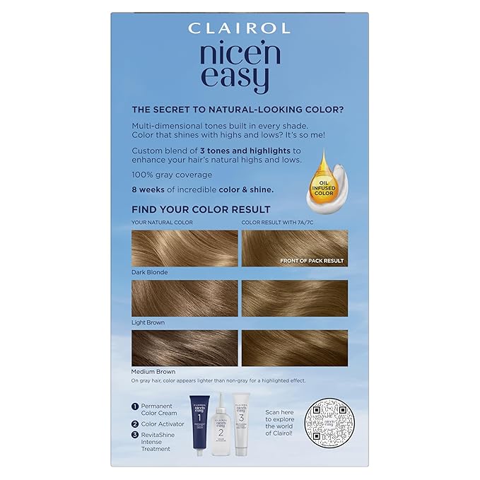 Clairol Nice'n Easy Permanent Hair Dye, 7A/7C Dark Ash Blonde Hair Color, Pack of 1