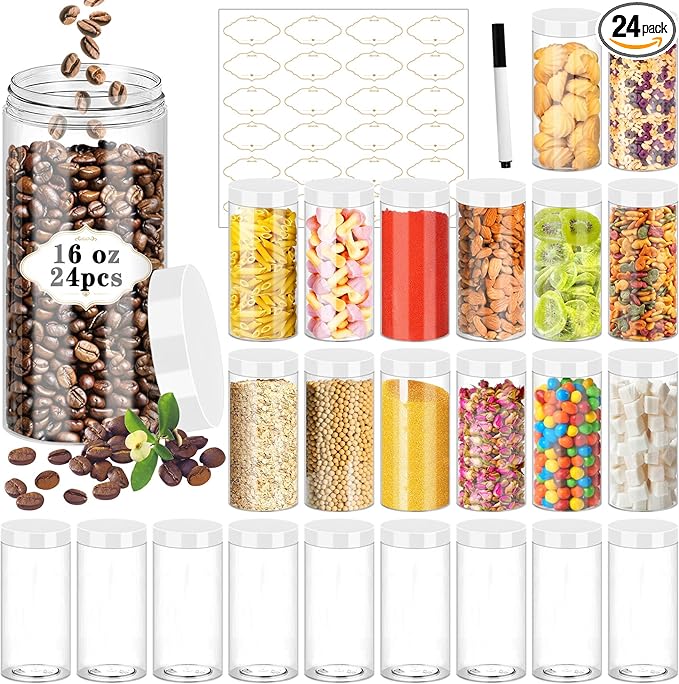 24 Pcs Plastic Jars, 16 OZ Plastic Jars with White Lids Clear Airtight Slime Containers Refillable Round Empty Storage Containers Jar for Kitchen & Household Dry Food Storage