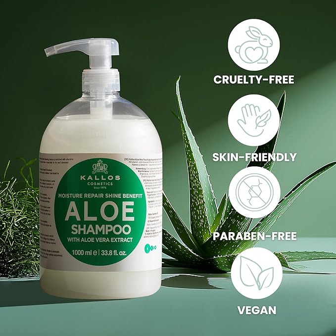 Kallos KJMN Aloe Vera Moisture Repair Shine Shampoo with for dry and damaged hair with a aloe vera extract – Pump 1000 ml - 33,81 Fl Oz