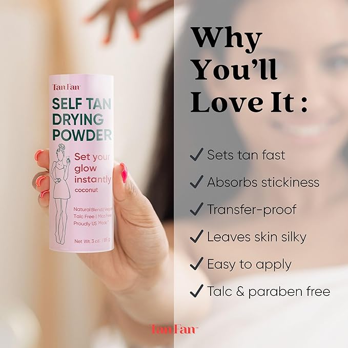 Self Tan Drying Powder Kit – Eliminates Sticky Self Tanner Feel – 100% Vegan Natural Talc-Free Light – Sets Sunless Tanner for Smooth Silky Skin w Brush & Pouch – USA Made (Coconut 3oz Setting Powder)