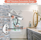 Rocollos Rechargeable Wall Mounted Lighted Makeup Mirror Chrome, 8 Inch Double-Sided LED Vanity Mirror 1X/10X Magnification,3 Color Lights Touch Screen Dimmable 360°Swivel 13 Inch Extendable