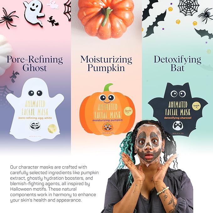 SpaLife Facial Mask Sheet Bundle - Pumpkin, Ghost, Bat - Halloween Character Mask Bundle - Face Masks for Skin Care - Moisturizing Sheet Face Masks - Skincare Pack for Women - Spa Beauty Masks