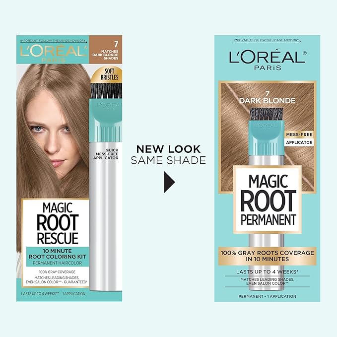 L’Oreal Paris Magic Root Rescue 10 Minute Root Hair Coloring Kit, Permanent Hair Color with Quick Precision Applicator, 100 percent Gray Coverage, 7 Dark Blonde, 1 kit (Packaging May Vary)