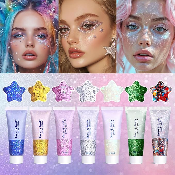 Christmas Face Glitter - Holiday Gift for Women Girls, Chunky Sparkling Glitter Makeup, Party Costume Accessories Christmas Stockings (Pink Body Glitter)