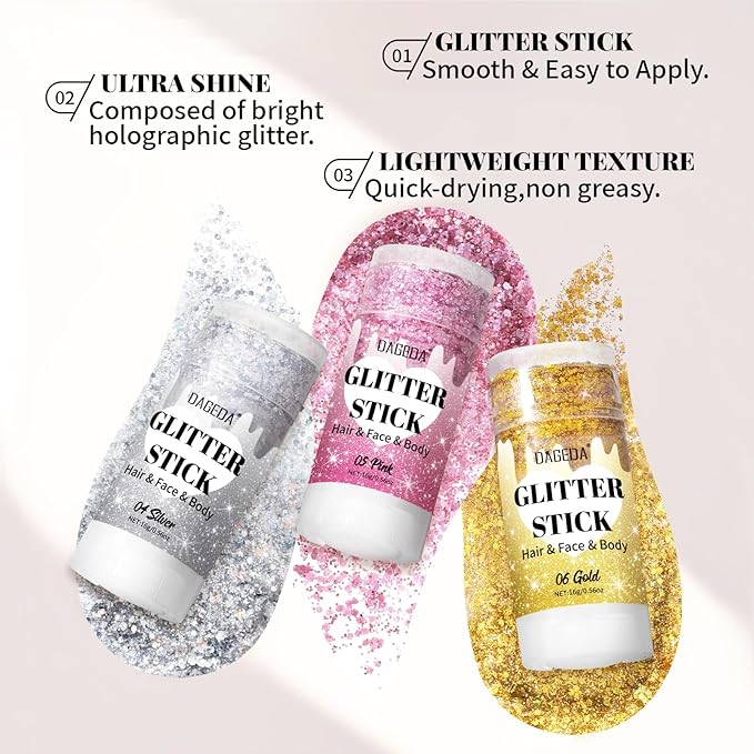 DAGEDA Pink Body Glitter Stick,Sparkly Face Glitter Makeup,Holographic Hair Glitters Mermaid Makeup Rave Outfits for Women, Shimmer Face Paint Stick Singer Concert Accessories