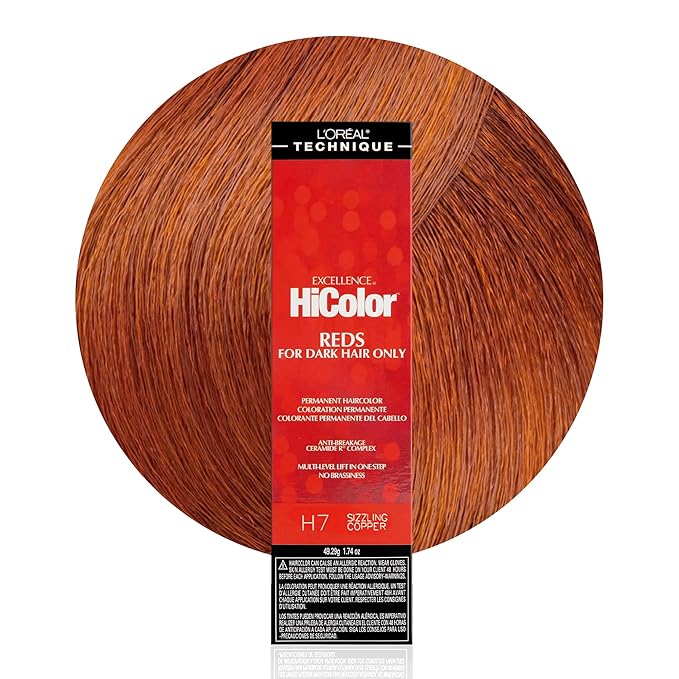 L'OREAL TECHNIQUE HiColor Reds Permanent Hair Color - Lifts Dark Hair in One Step Leaving No Brassiness, Rich & Smooth Creme Formula, Intense & Long-Lasting Color, H7 Sizzling Copper