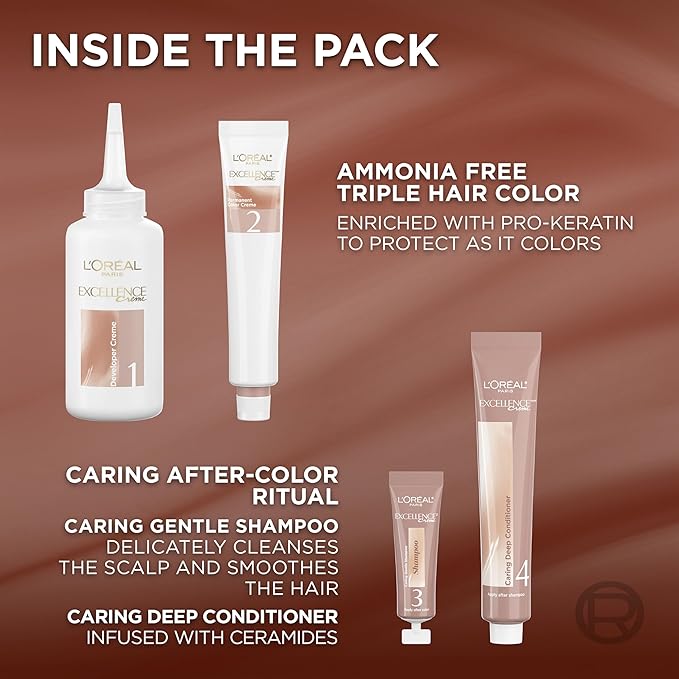 L’Oreal Paris Excellence Universal Nudes Permanent Hair Color, Ammonia Free Hair Dye for Gray Hair Coverage, 4NR Natural Dark Red, 1 Hair Dye Kit