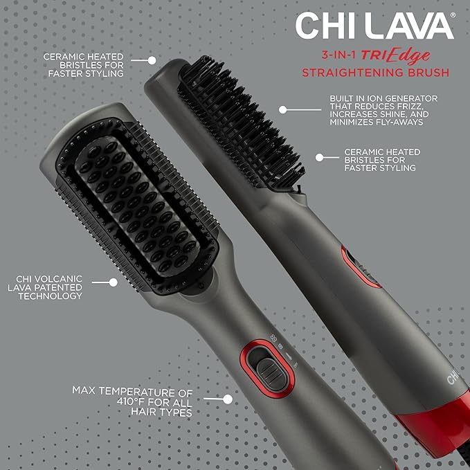 CHI Lava Heated Straightening Brush, 3-in-1 Hair Straightener, Dryer & Smoothing Comb, Reduces Frizz & Increases Shine for Healthy & Easy Styling
