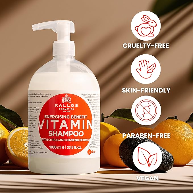 Kallos KJMN Vitamin Energising Shampoo with ginseng extract and avocado oil – Pump 1000 ml - 33,81 Fl Oz