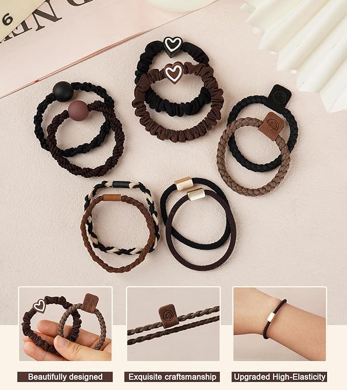 20Pcs Hair Ties -No Damage Seamless Nylon Fabric Bands, Seamless Soft Thick Ponytail Holder Scrunchies Fashion Head Bands for Women Girls(brown 20pcs)