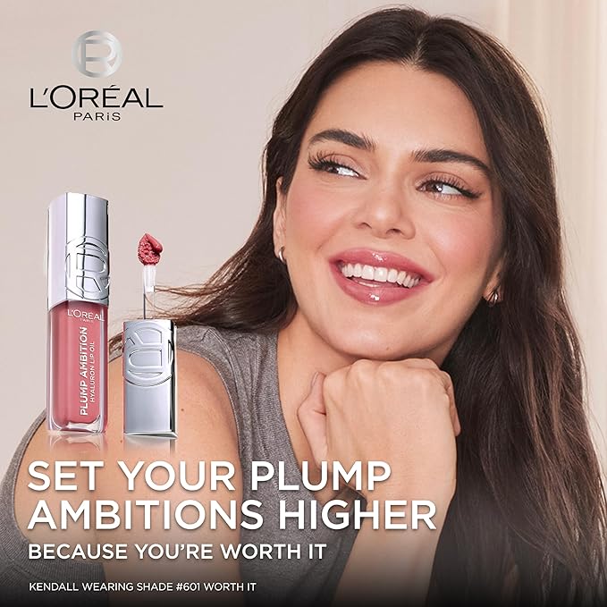 L'Oreal Paris Plump Ambition Hyaluron Lip Oil, 24 HR Lip Gloss with Hyaluronic Acid, Volumizing Formula with Glass-Like Shine, Latte Glace 641, 0.16 Fl Oz