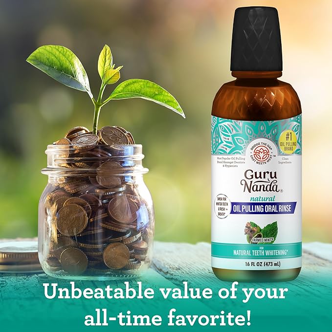 GuruNanda CocoMint Oil Pulling Mouthwash for Complete Oral Hygiene, 7 Essential Oils & Vitamins for Happy Teeth & Gums & Fresh Breath, Alcohol-Free, 16 oz