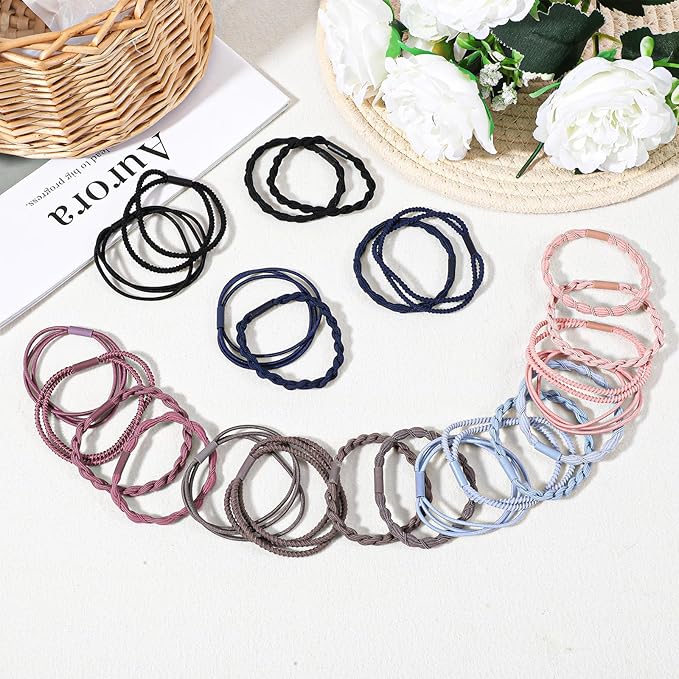 24PCS Ponytail Holders for Thick & Thin Hair, Multicolor Boho Seamless Elastic Hair Ties No Damage Elastics Soft Rubber Bands Hairties for Women Girls, Light Blue/Blue/Gray/Skin/Gray/Coffee