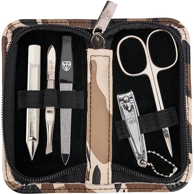 3 Swords Germany - brand quality 5 piece manicure pedicure grooming kit set with synthetic leather case camouflage - Made in Germany