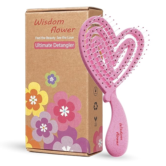 Detangler Brush – Heart-Shaped Detangling Brush for Curly, Wavy, Thick Hair – Rose Pink Hairbrush for Women with Bowl-Curve, Flexible Bristles, Blow Dryer Safe, Small