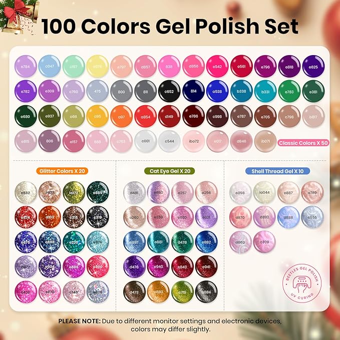Beetles Gel Nail Polish Gift Set– Christmas Kaleidoscope 100 Vibrant Colors with Base & Top Coats Glitter Matte Glossy Finishes Cat Eye Pearl Nail Polish Nail Art Gift for Women Salon Home DIY Use
