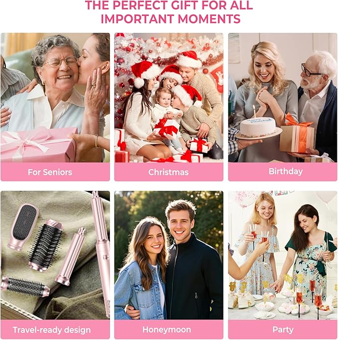 6 in 1 Hair Dryer Brush, Detachable Air Styler, 3 Heat Settings Blow Dryer Brush Frizz-Free Volumizing, Straightening, Curling ALCI Safety Plug for Travel & Home Styling (Pink-A)