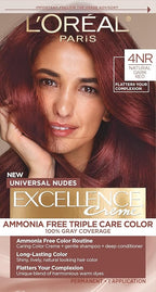 L’Oreal Paris Excellence Universal Nudes Permanent Hair Color, Ammonia Free Hair Dye for Gray Hair Coverage, 4NR Natural Dark Red, 1 Hair Dye Kit