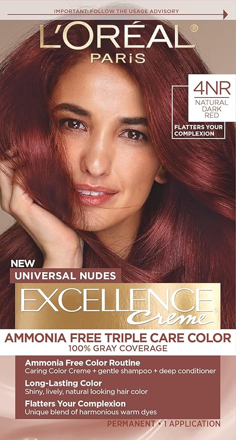 L’Oreal Paris Excellence Universal Nudes Permanent Hair Color, Ammonia Free Hair Dye for Gray Hair Coverage, 4NR Natural Dark Red, 1 Hair Dye Kit