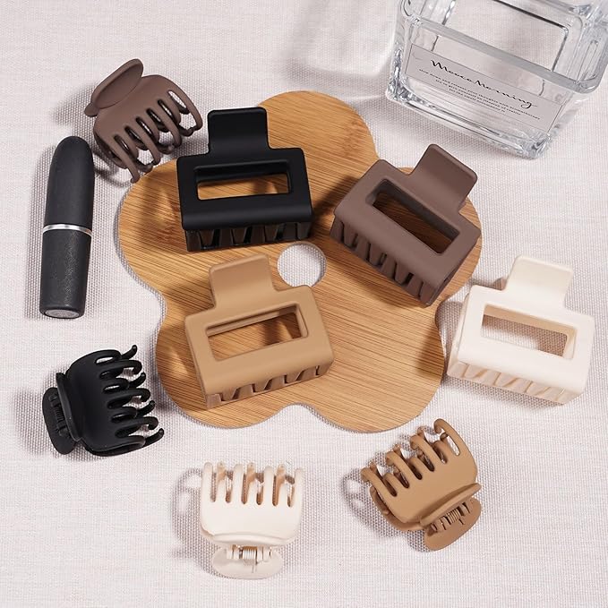 8 Pcs Medium Hair Clips for Women Girls - 2 Styles Rectangle and Double Row Teeth Small Claw Clips for Thin Fine Thick Hair, Matte Non-slip Strong Hold Jaw Clips Hair Accessories, Brown