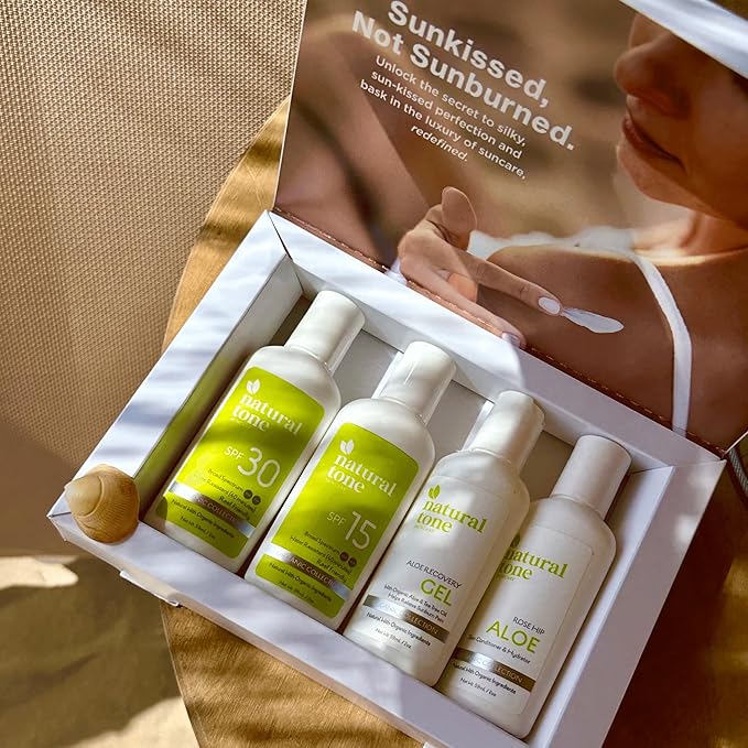 Natural Tone Organic Skincare Suncare Essentials Travel Pack in 59ml Bottles | SPF 30 & 15 Sunscreen, Rosehip Aloe Lotion, Recovery Gel | TSA-Friendly, Reef-Safe, Vegan