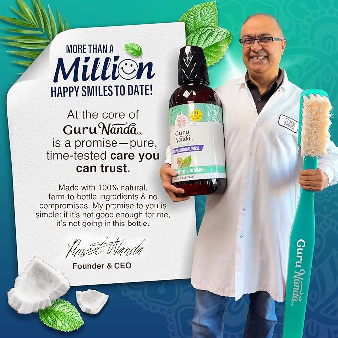 GuruNanda CocoMint Oil Pulling Mouthwash for Complete Oral Hygiene, 7 Essential Oils & Vitamins for Happy Teeth & Gums & Fresh Breath, Alcohol-Free, 33.8 Fl Oz/1L