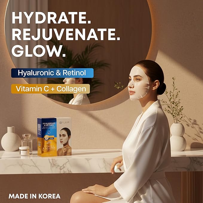 Clear Beauty Hyaluronic & Retinol + Vitamin C Collagen Face Mask Duo – Hydrating, Firming & Revitalizing For Dull Or Aging Skin – Dermatologist Tested, Korean Skin Care, Clean Beauty – 10 Sheets