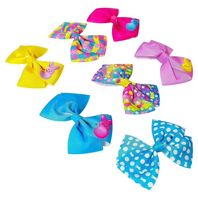 PEEPS Hair Bows Bundle - 7 Pcs 4 Inch Alligator Clips with Different Prints, Easter Bunny Themed for Girls, Toddlers 3+