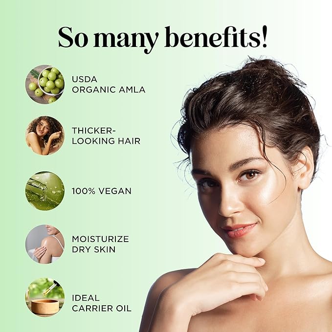 Organic Amla Oil for Hair - 100% Pure Amla Hair Oil for Volume Shine & Hydration - Cold-Pressed Extra Virgin Unrefined Non-GMO & USDA Organic for Nourishing Moisturizing Scalp Care (4 Fl Oz)