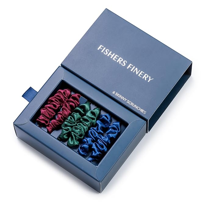 Fishers Finery 25 Momme Pure Mulberry Silk Skinny Scrunchies | Hair Tie Set for Thin Hair (Navy|Green|Red- 6 Pk)