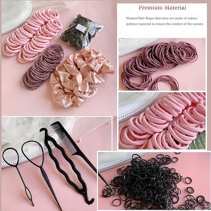 YANRONG 755PCS Hair Accessories for Woman Set Seamless Ponytail Holders Variety Hair Scrunchies Hair Bands Scrunchy Hair Ties For Thick and Curly (Pink)