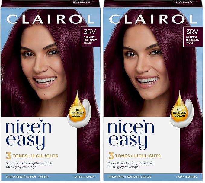 Clairol Nice'n Easy Permanent Hair Dye, 3RV Darkest Burgundy Violet Hair Color, Pack of 2
