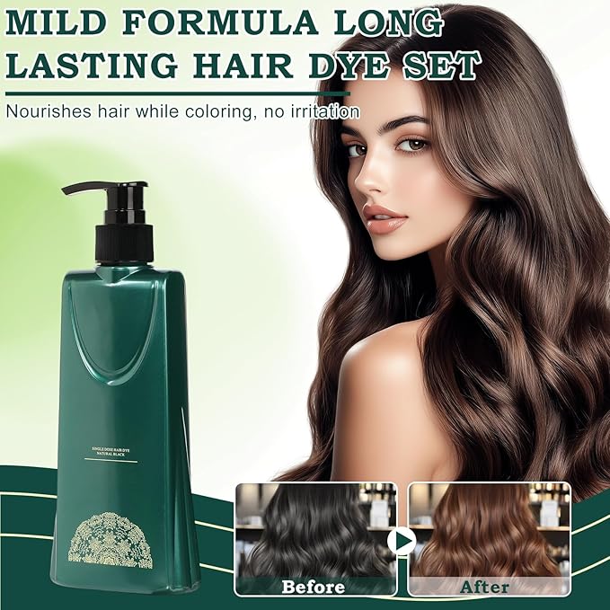 Mild Formula Long Lasting Hair Dye Set,Plant Extracts Hair Color Dye Cream,Plant Single Dose Dye,Nourishing Natural Shampoo, for Gray Coverage (Chestnut Brown)