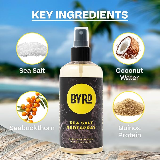 Byrd Sea Salt Surfspray, Salty Coconut Scent, Texturizing and Volumizing Sea Salt Spray for Men for Hydrated, Shiny Surfer Hair, Safe for All Hair Types, 8 Fl Oz, Pack of 2