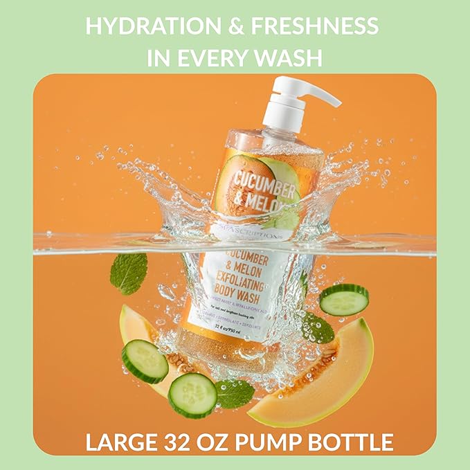 SpaScriptions Exfoliating Cucumber & Melon Body Wash - Scented Moisturizing Body Wash with Hyaluronic Acid for Soft Glowing Skin, Gentle Natural Daily Cleanser Body Scrub, 32 fl oz, Paraben Free