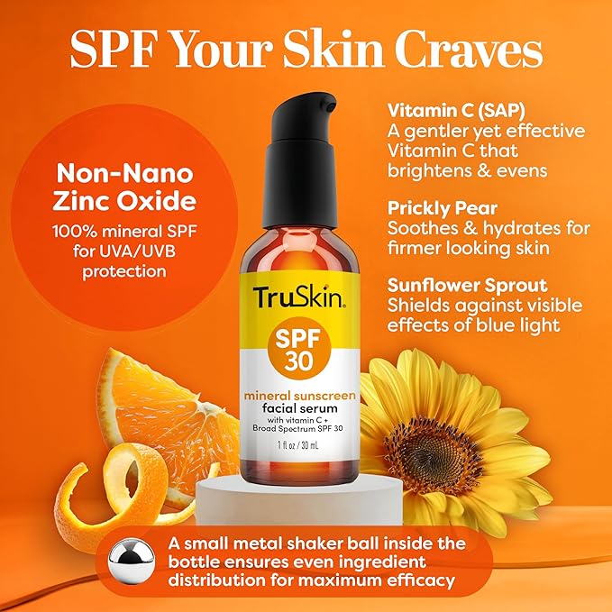 TruSkin Sunscreen Serum for Face – SPF 30 Universal Tinted Mineral Sunscreen Face Serum – Lightweight Transparent Finish – Zinc Oxide, Vitamin C, Hyaluronic Acid, Ceramides, All Skin Types, 1 fl oz